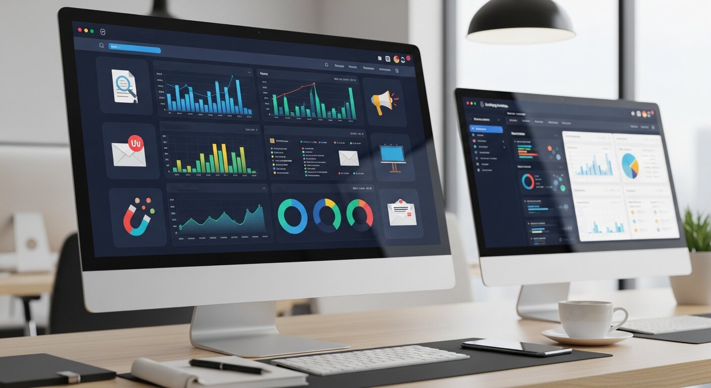 Digital marketing workspace illustrating inbound and outbound marketing techniques.