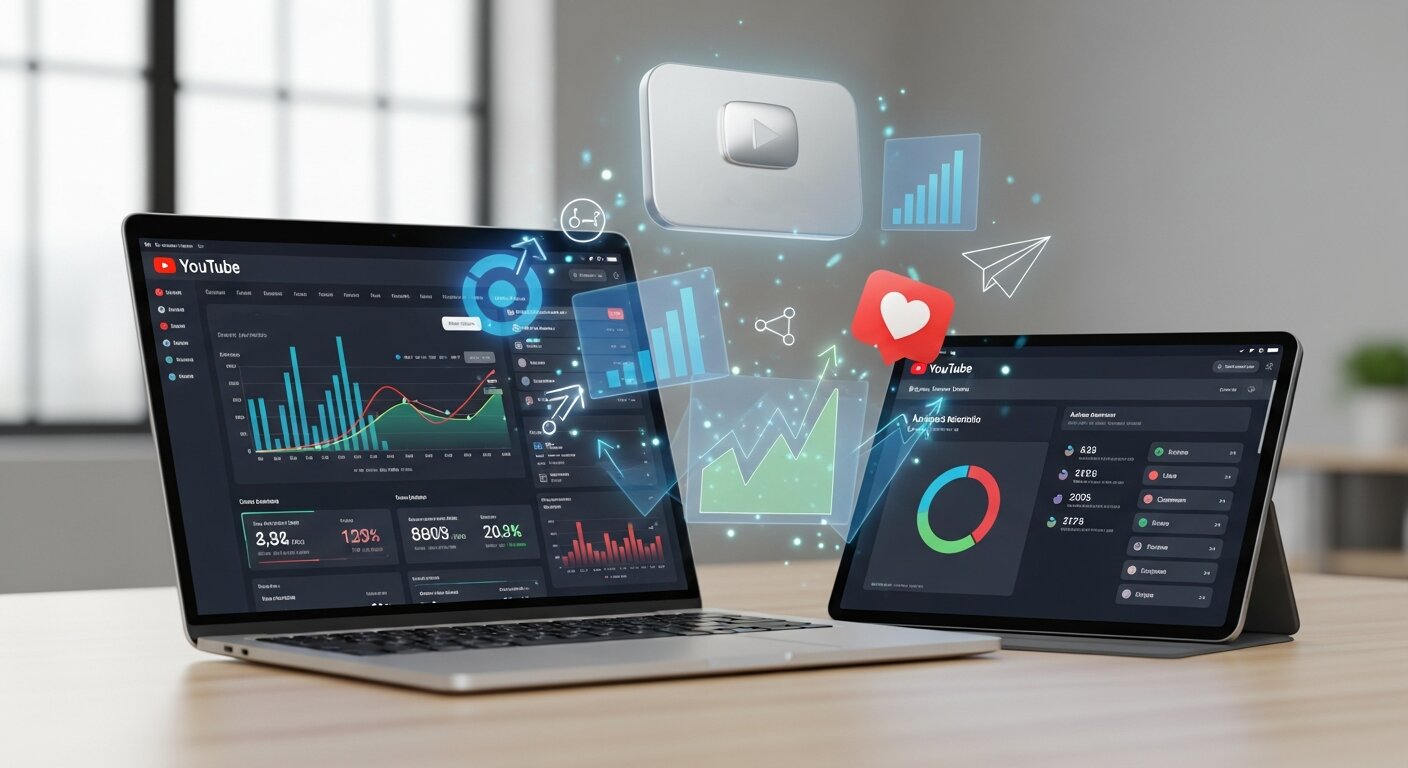Advanced YouTube marketing strategies with analytics and engagement icons.