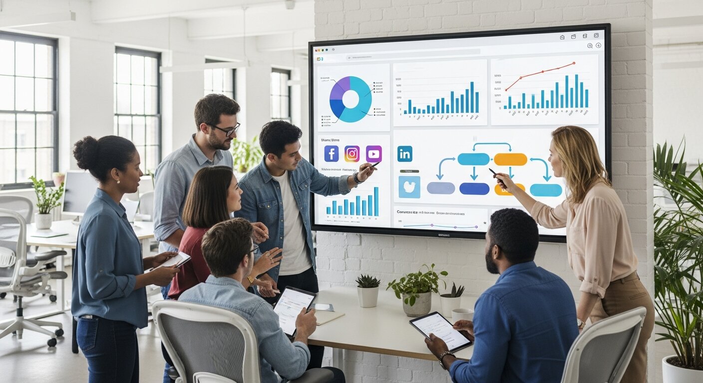 Team improving inbound marketing strategies in a modern office.