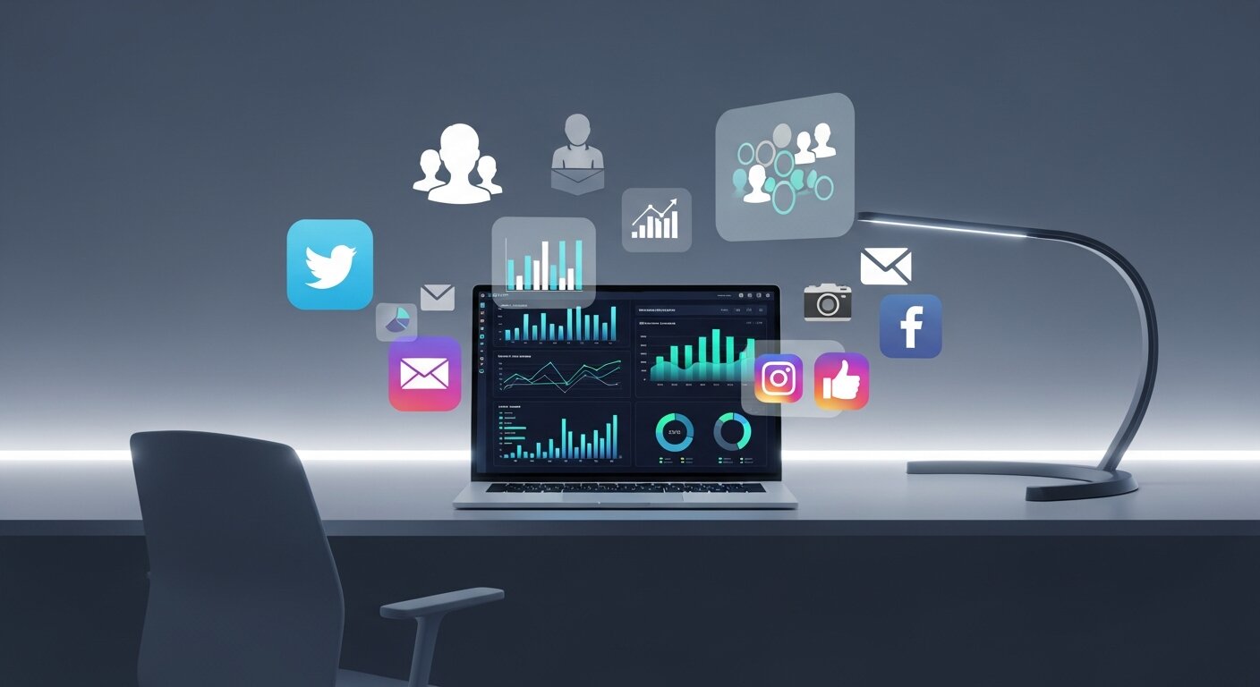 Key elements of a data-driven marketing strategy with analytics and customer icons.