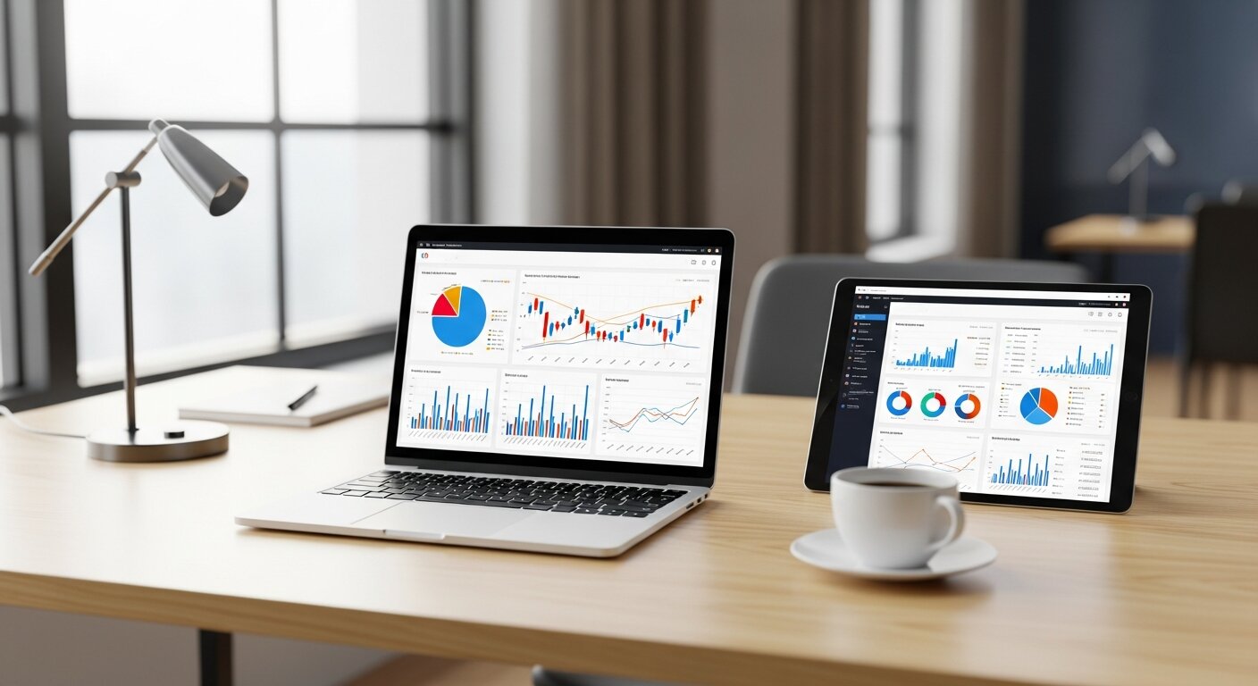 data analytics with charts and graphs on a laptop and tablet