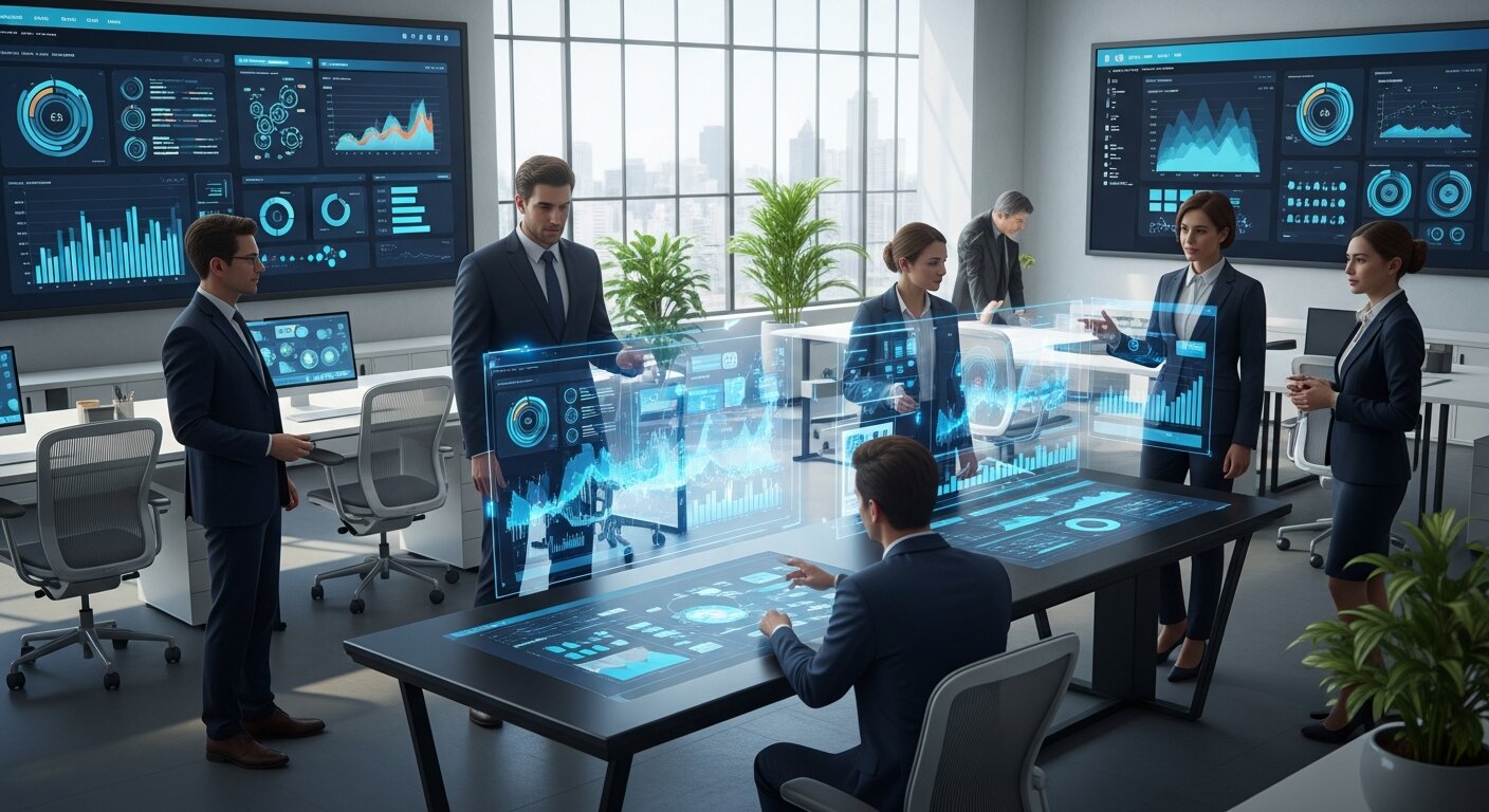 Professionals analyzing marketing data and analytics in a modern office