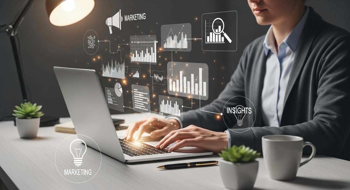 Person analyzing data visualizations representing data-driven marketing.