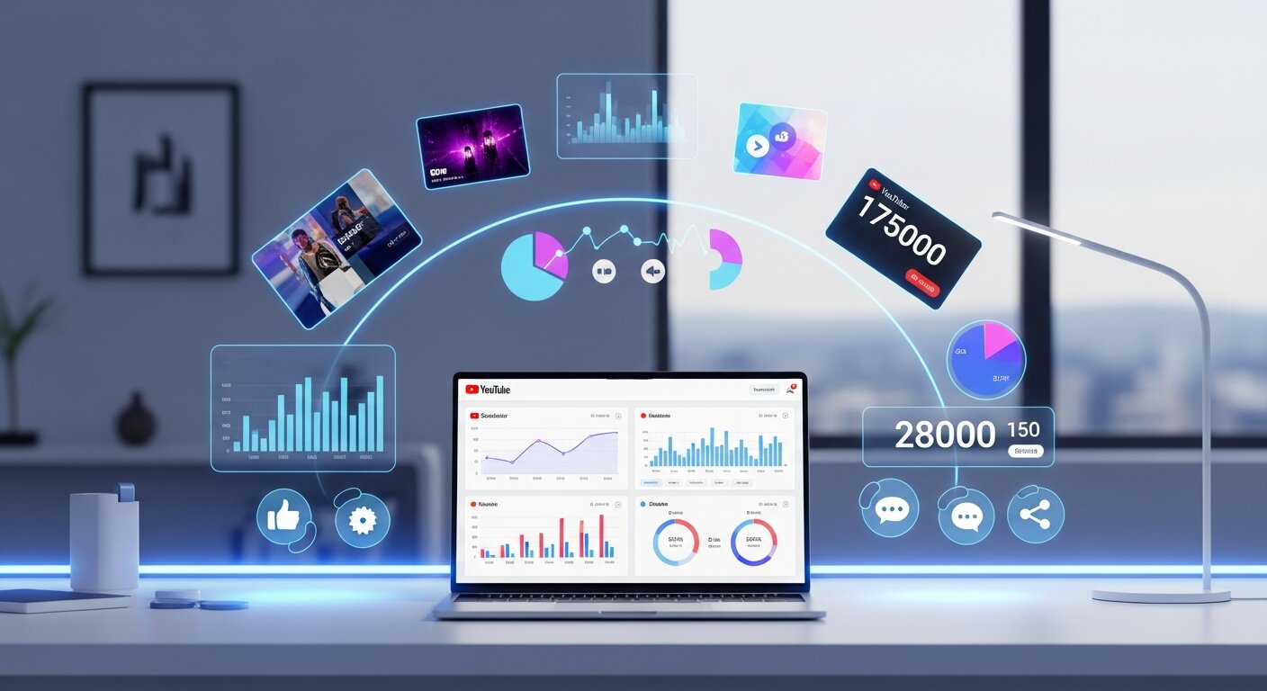 Essentials of YouTube marketing with analytics and video icons.