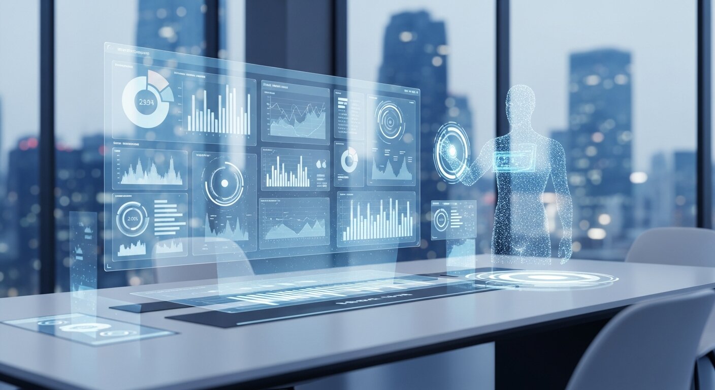 Futuristic workspace showing AI and data analytics for marketing