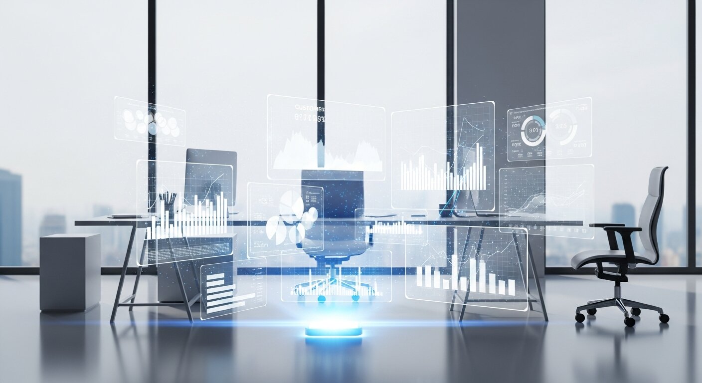 Futuristic marketing data with holographic charts and customer insights.