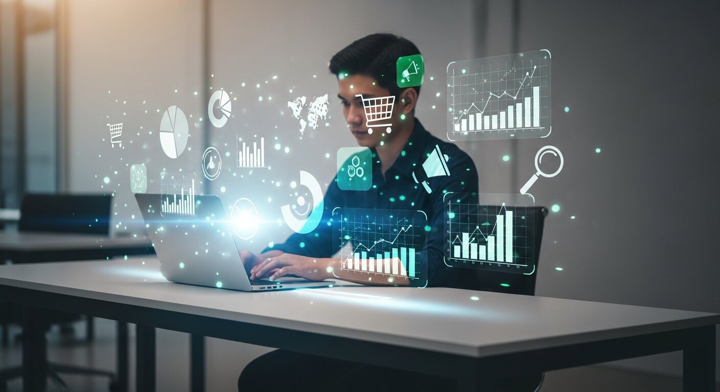 Person interacting with futuristic data visualizations representing the future of marketing.