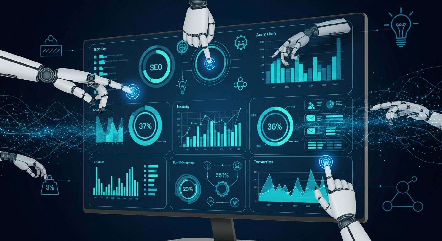 Illustration of AI and automation driving data-driven marketing strategies.