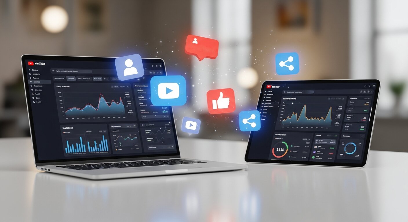 YouTube marketing success with analytics and engagement icons.