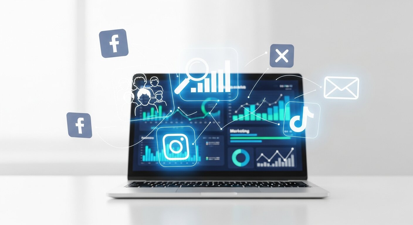 Data-driven marketing with analytics and customer engagement icons.