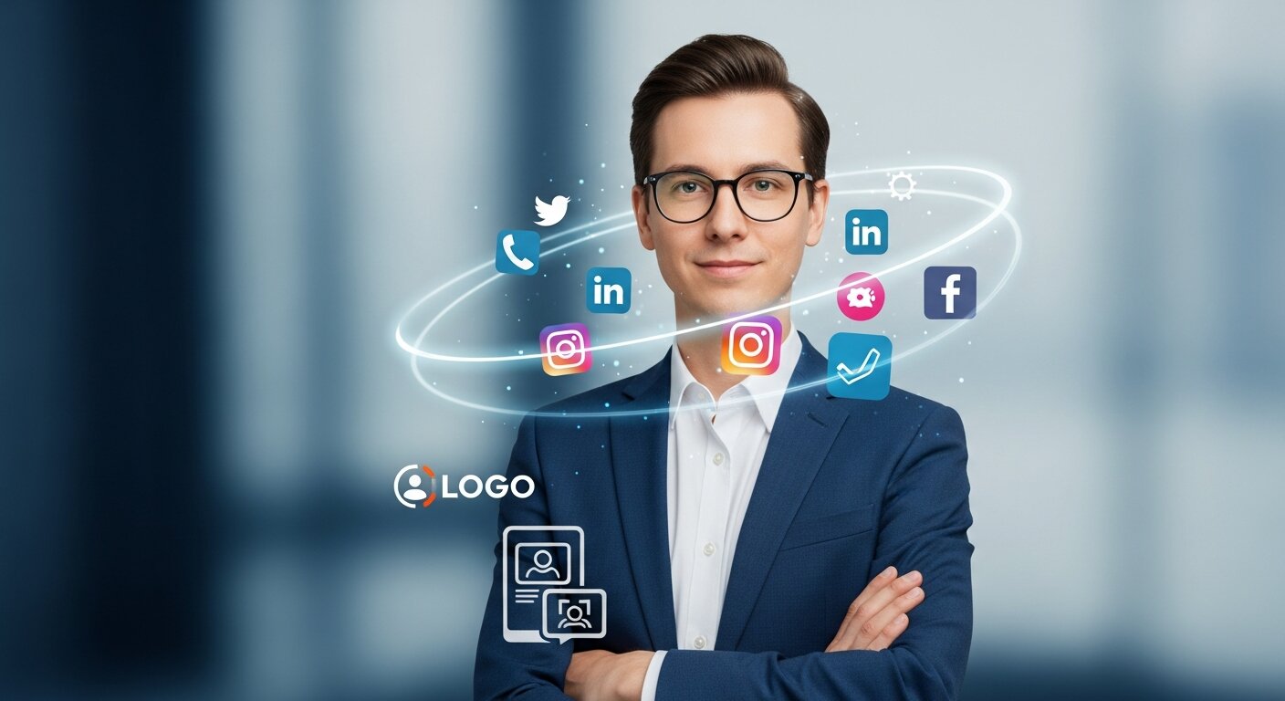 Representation of a personal brand with social media and professional identity elements.
