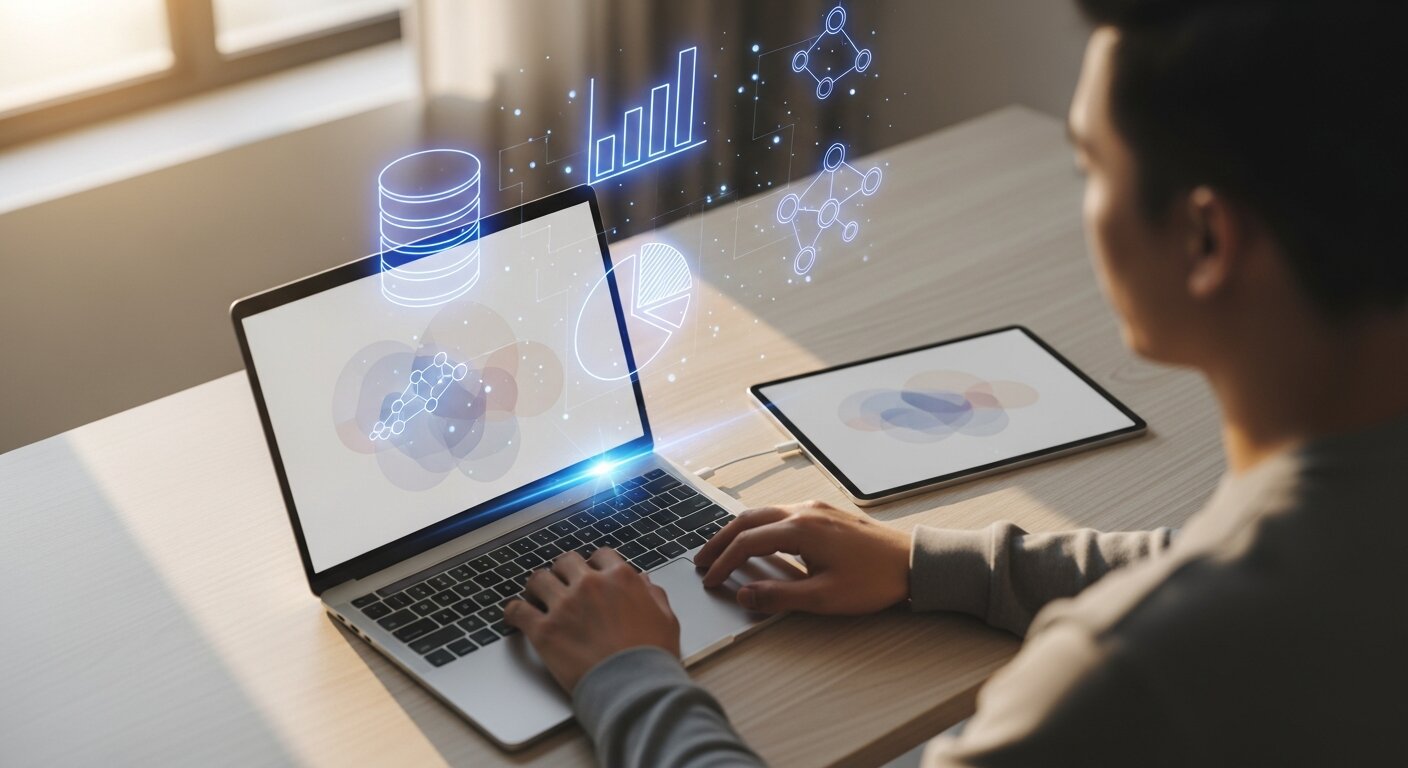 Person researching online sources for data-driven marketing on a laptop and tablet.