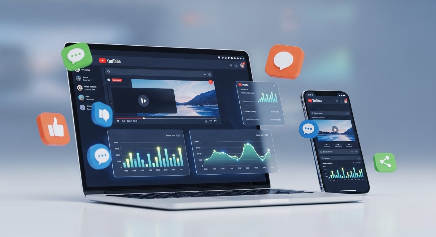 YouTube marketing with video analytics and engagement icons.