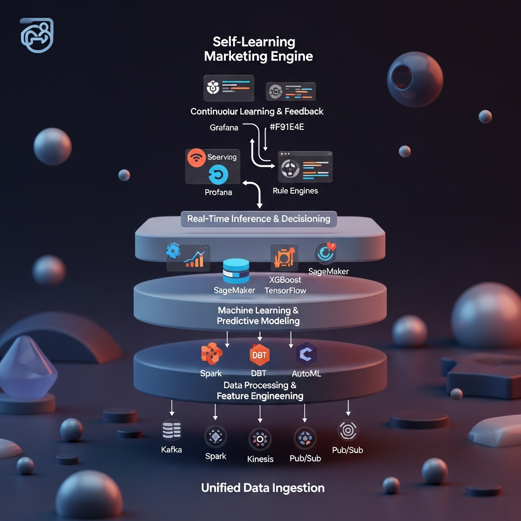 A clean, five-layered architecture diagram of a self-learning marketing engine: bottom layer shows Unified Data Ingestion with streaming icons (Kafka, Kinesis, Pub/Sub) feeding into Data Processing & Feature Engineering tools (Spark, dbt, Beam), then up to Machine Learning & Predictive Modeling modules (XGBoost, TensorFlow, AutoML), followed by Real-Time Inference & Decisioning services (KFServing, SageMaker, rule engines), and capped by Continuous Learning & Feedback monitors (Grafana, Prometheus) with arrows looping back to the ingestion layer.