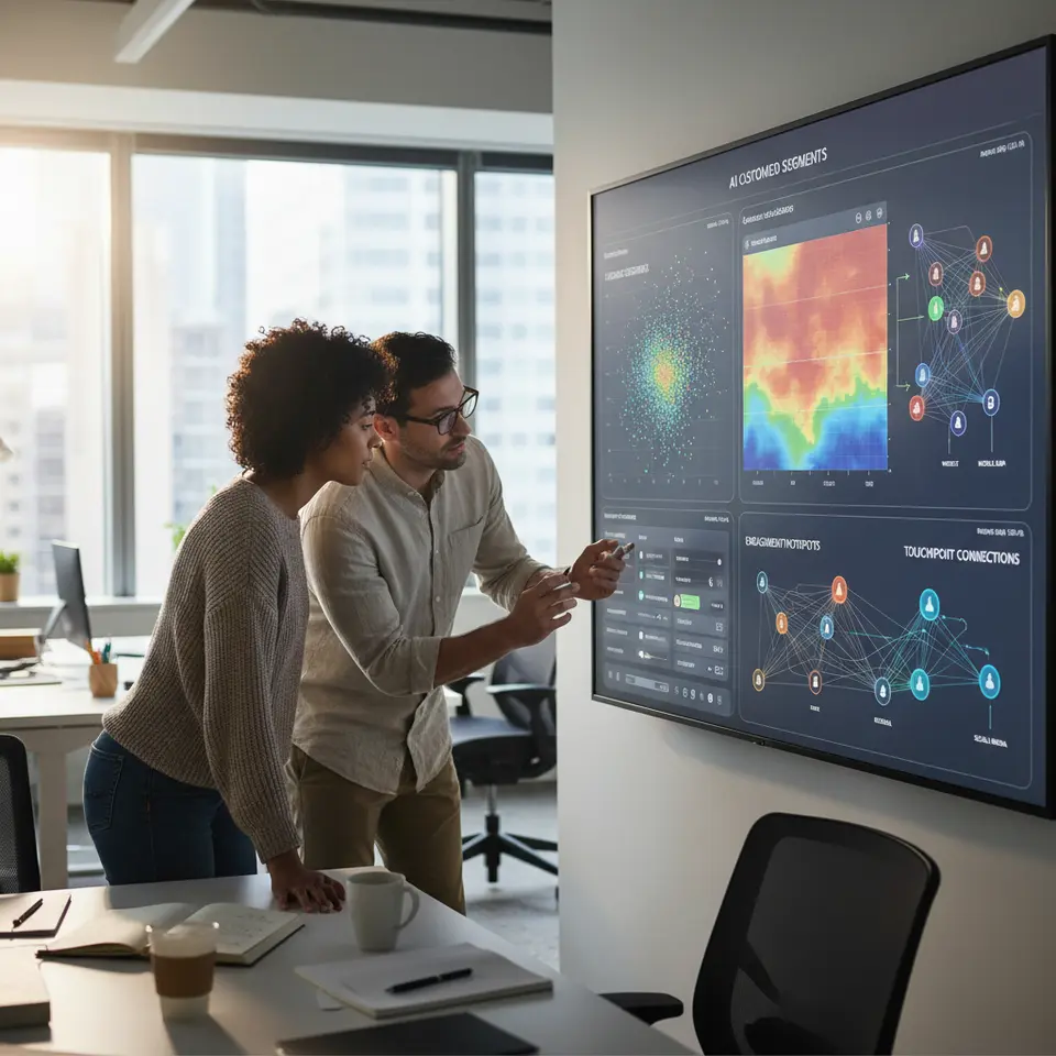 An interactive AI-powered visualization dashboard showcasing customer segmentation: filterable scatter plots of user clusters, vibrant heat maps highlighting engagement hotspots, and network graphs illustrating connections between touchpoints