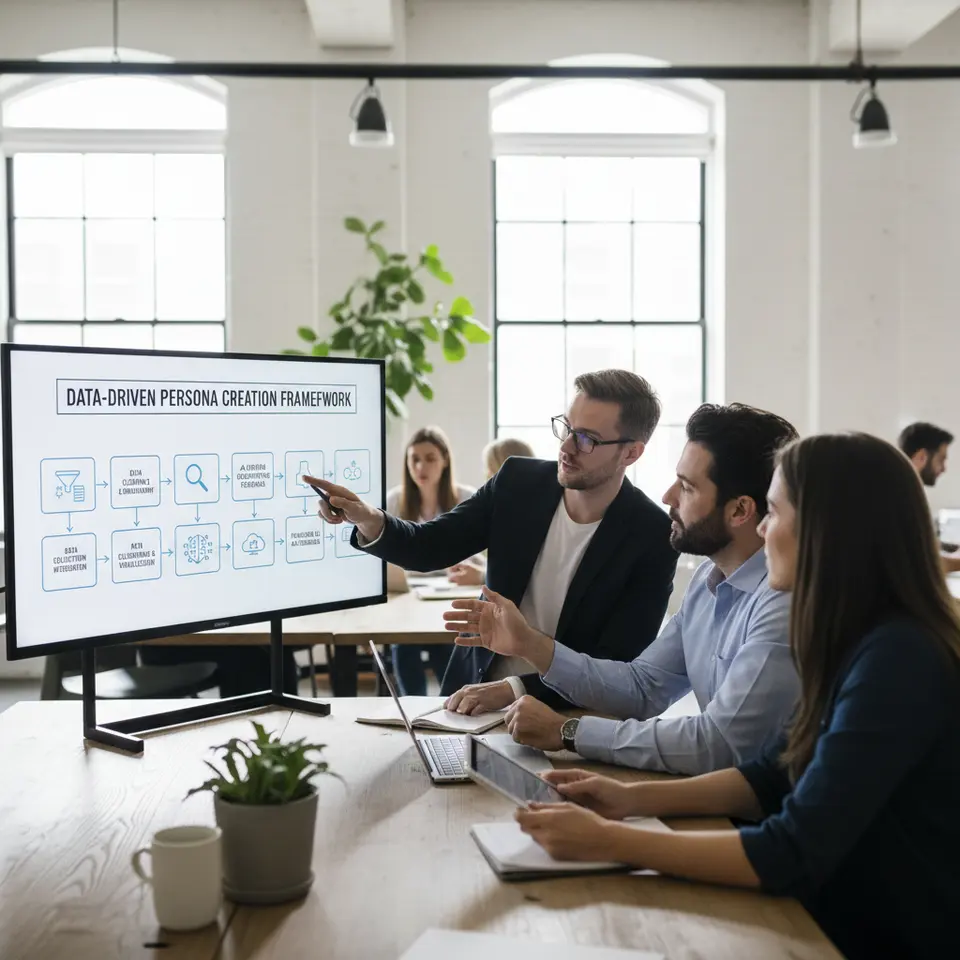An infographic-style flowchart of the six-step data-driven persona creation framework: data collection & integration, data cleaning & enrichment, AI-driven clustering & visualization, interpreting & documenting personas, publishing & sharing dashboards, and continuous iteration with A/B testing