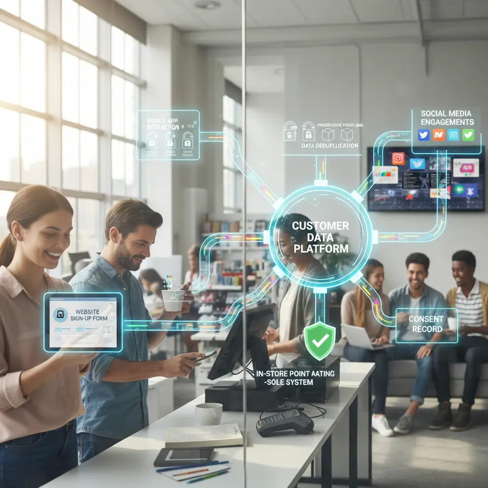 A vibrant pipeline illustration showing multiple customer touchpoints—website sign-up forms, mobile app interactions, in-store point-of-sale systems, and social media engagements—all streaming into a centralized Customer Data Platform. Include elements for progressive profiling (step-by-step data collection), identity resolution, data deduplication, and a consent record icon to highlight privacy compliance.