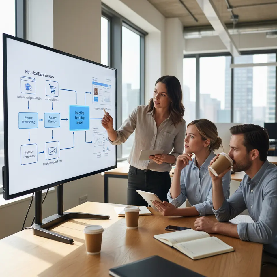An AI-driven predictive analytics workflow diagram: historical data sources (website navigation paths, purchase history, email engagement) feeding into feature engineering modules (session duration, recency, frequency), then into a machine learning model. Show real-time inference powering on-site personalized recommendations and programmatic ad bidding, with visual cues for predictive scores and dynamic content delivery.