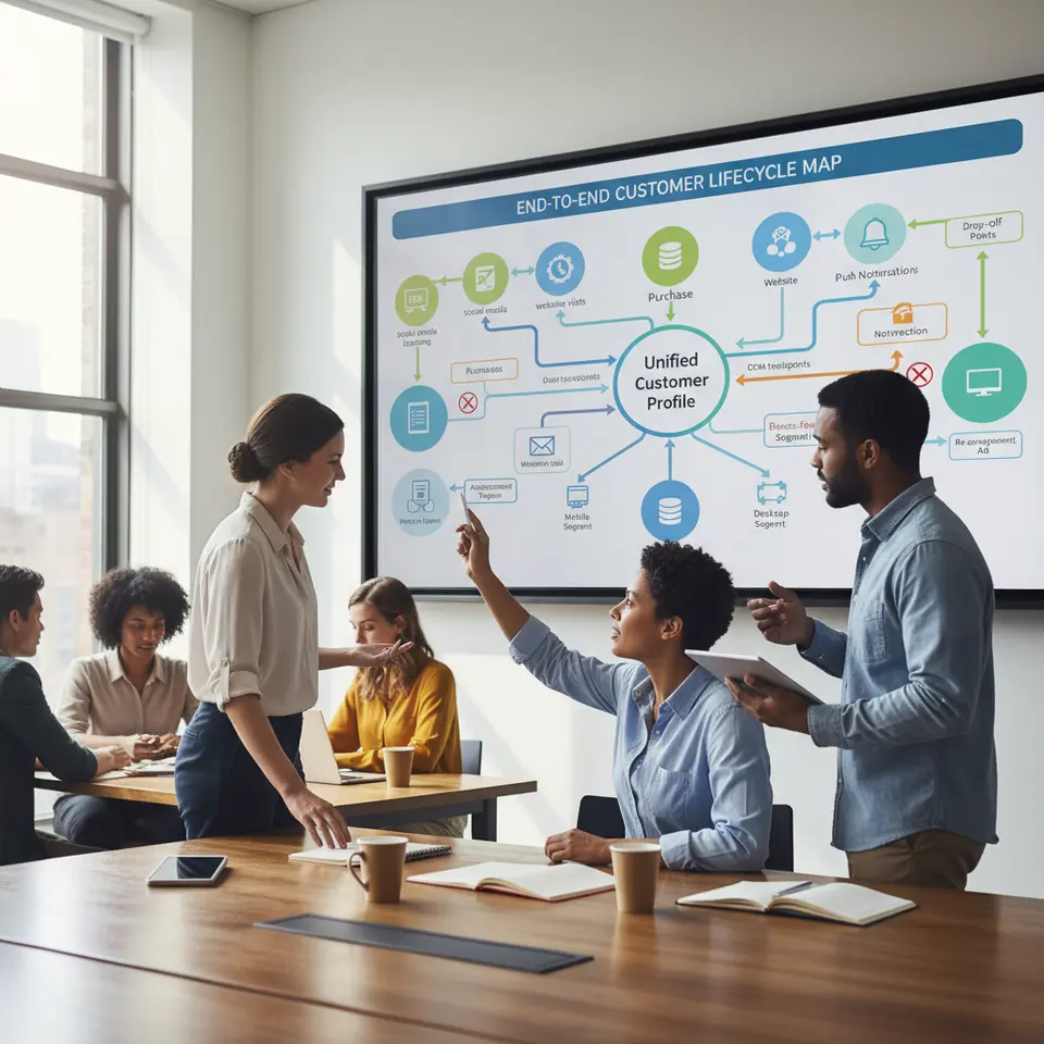 End-to-End Customer Lifecycle Map: An infographic showing a customer’s journey through awareness, consideration, purchase, retention, and advocacy stages. Include icons for social media listening, website visits, email interactions, CRM touchpoints, and in-store experiences. Highlight data normalization into a unified profile, segment-specific paths (e.g., mobile vs. desktop), drop-off points, and automated triggers like welcome emails, push notifications, and re-engagement ads.