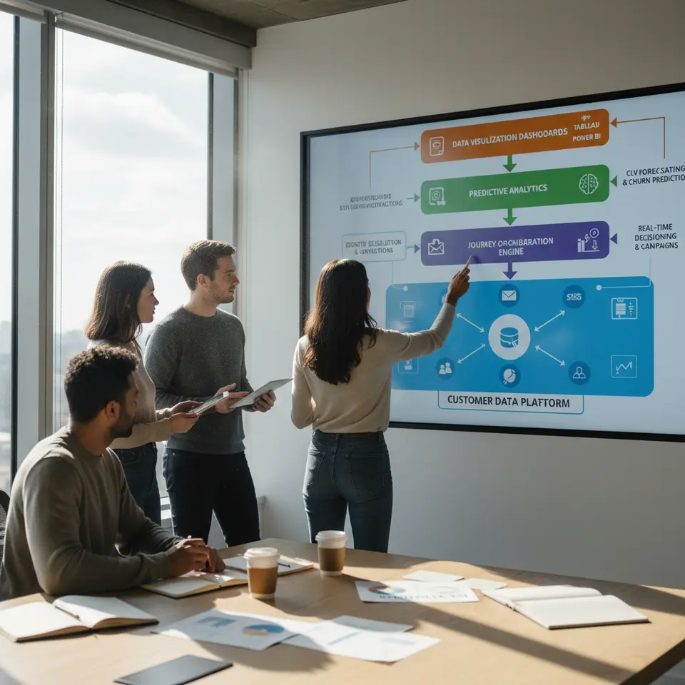 Advanced Journey Analytics Technology Stack: A layered diagram of the four core components—a Customer Data Platform ingesting diverse data streams, a Journey Orchestration Engine triggering real-time multi-channel campaigns, Predictive Analytics models forecasting CLV and churn, and interactive Data Visualization dashboards (Tableau/Power BI). Use arrows to show data flow, icons for each tool, and callouts for features like identity resolution, real-time decisioning, and ML-driven insights.