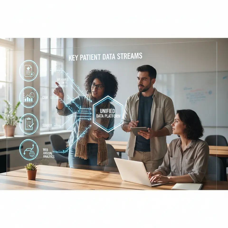 A diagram showing ‘Key Patient Data Streams’ converging into a central hub: icons for an EHR database, a CRM dashboard, a patient survey form, a wearable fitness tracker, and a web analytics graph all feeding arrows into a unified data platform.