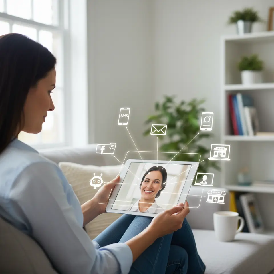 An ‘Omni-Channel Engagement’ illustration with a patient avatar at the center surrounded by icons for email, SMS text, social media, AI chatbot, telehealth video call, and in-person clinic visit, all connected by seamless lines to represent integrated messaging across touchpoints.