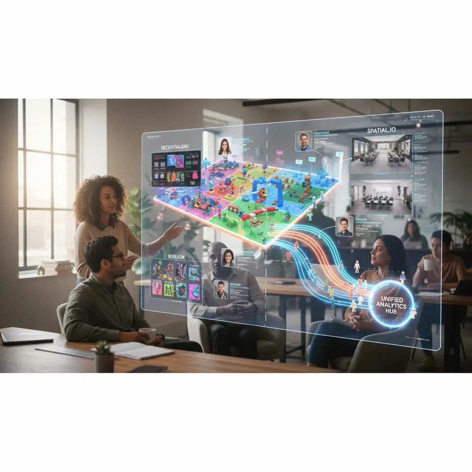 A colorful metaverse ecosystem map showing multiple virtual worlds side by side (e.g., Decentraland with NFT storefronts, Roblox user‐generated experiences, Spatial.io business meeting rooms), overlaid with user persona icons (age, location, spending behavior) and data pipelines funneling avatar movements and chat logs into a unified analytics hub.