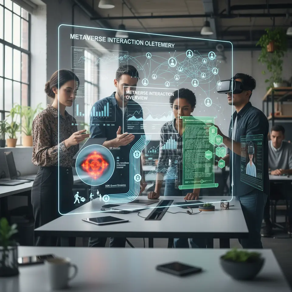A layered infographic of metaverse interaction telemetry: SDK event streams (icons for avatar movements and object interactions), a VR headset eye‐tracking heatmap, a blockchain transaction ledger with NFT icons, and a social graph network diagram—each feeding into a central analytics dashboard.