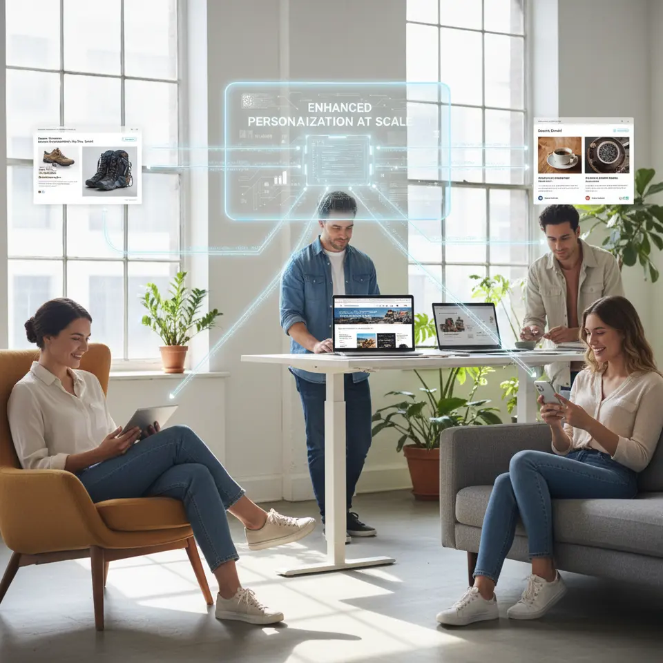 An illustration of Enhanced Personalization at Scale: a central AI engine analyzing real-time customer behavior data and instantly delivering bespoke experiences across email, dynamic website modules, and social media ads—showing distinct user profiles receiving tailored product recommendations and headlines on multiple devices.