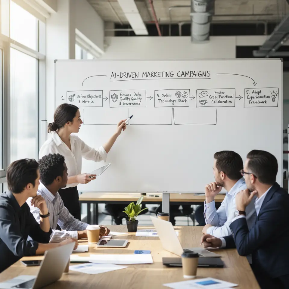 A strategic roadmap for AI-driven marketing campaigns: a horizontal flowchart with five labeled milestones—Define Objectives & Metrics, Ensure Data Quality & Governance, Select Technology Stack, Foster Cross-Functional Collaboration, Adopt Experimentation Framework—each represented by a concise icon and connected by arrows to convey step-by-step progression.